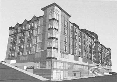 A sketch of the plans for the Metropolitan Towers III looking north from 4th and Broadway.